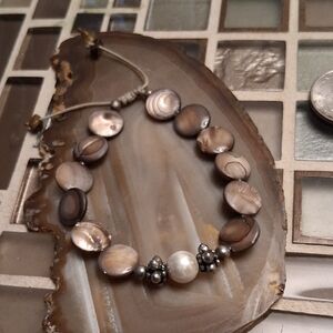 Adjustable Brown Mother-of-Pearl & Pearl Beaded Bracelet